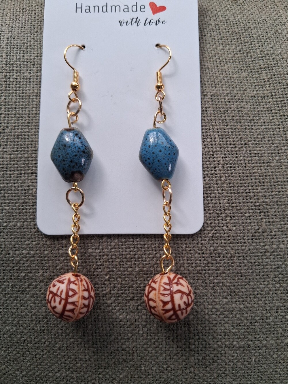 3" Stainless Steel Handmade Gold-Chain Dangle Earrings with Blue and Cream Beads